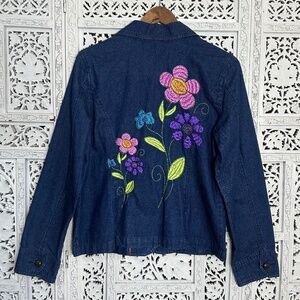 Y2K Colorful‎ Floral Embroidered Dark Wash Denim Jacket Blazer Sz Large